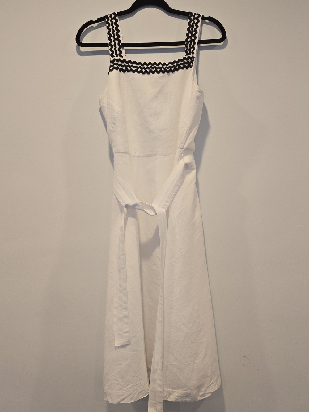 Square Neck Linen Blend Summer Dress Ann Taylor Sz 8 Midi White Zig Zag Detail